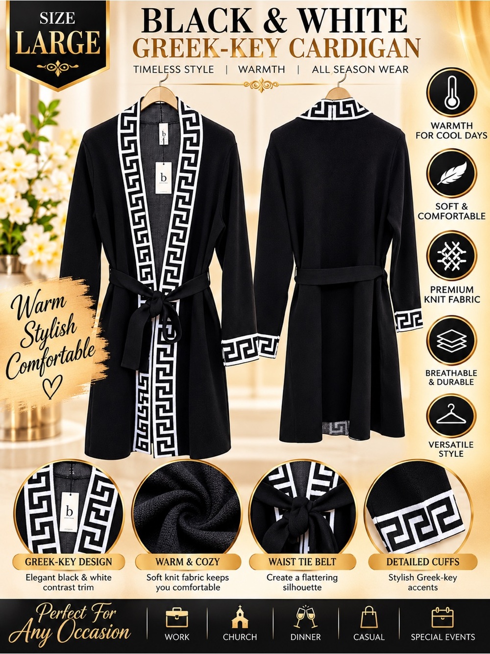 Black & White Greek-Key Cardigan - Large